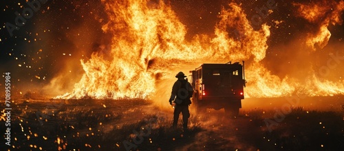 Firefighter on truck puts out wildfire. photo