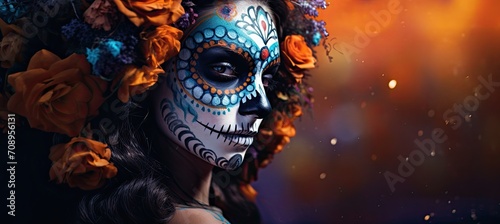 Close-up portrait of woman with Day of The Dead makeup and outfit