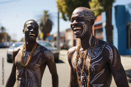 African aborigines with painted faces dance in a modern city