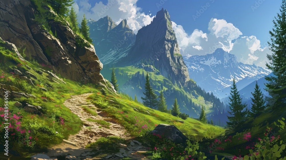 Obraz premium a painting of a mountain scene with a path going through the grass and flowers on the side of a hill with a mountain in the distance with clouds and pink flowers in the foreground.