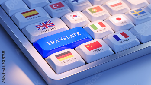 Computer keyboard with button for translation - Languages translation concept, online translator