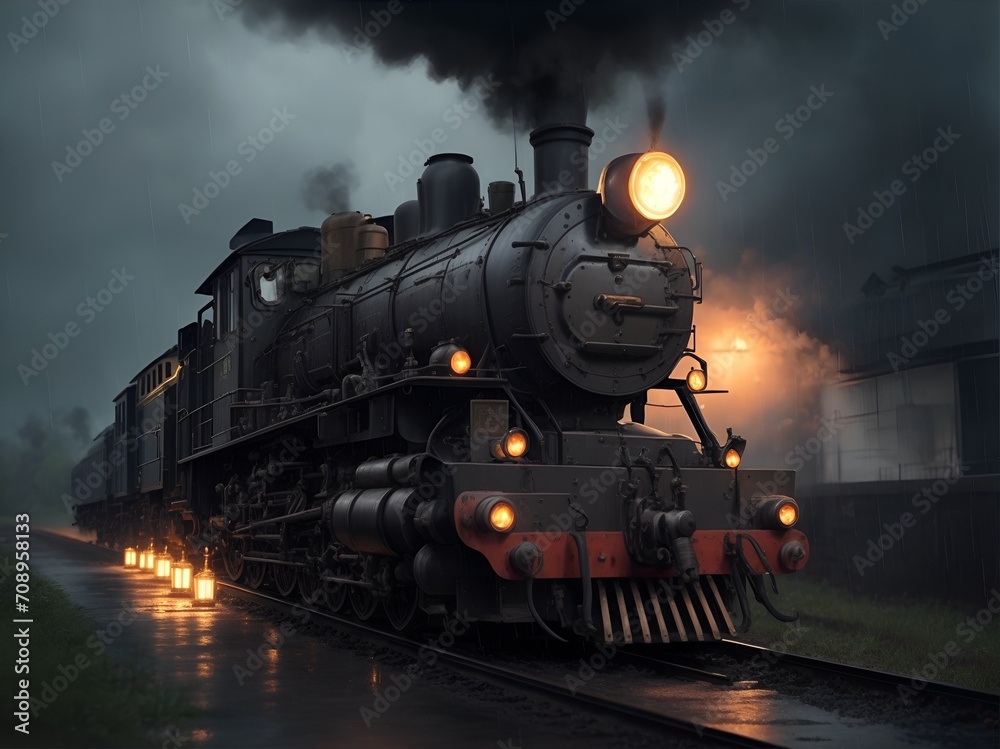 steam train in the forest with rain steam train in the forest with rain