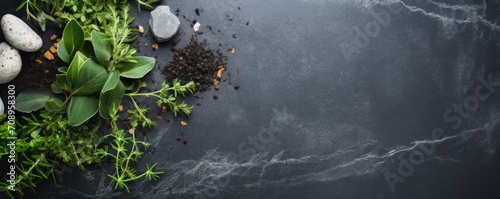 Herbs and spices on dark stone background. Generative ai