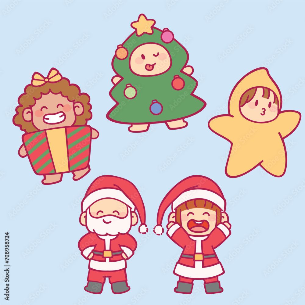 Cute kids wearing Christmas costume winter season vector design art. Children holiday celebration clothes