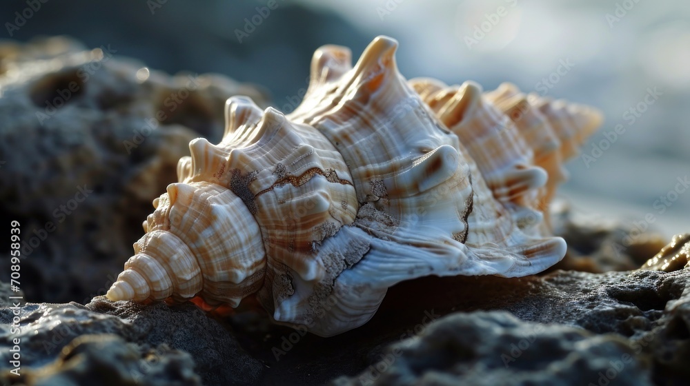  a close up of a sea shell on a rocky beach with water in the background and a blurry image of the shell in the foreground of the picture.