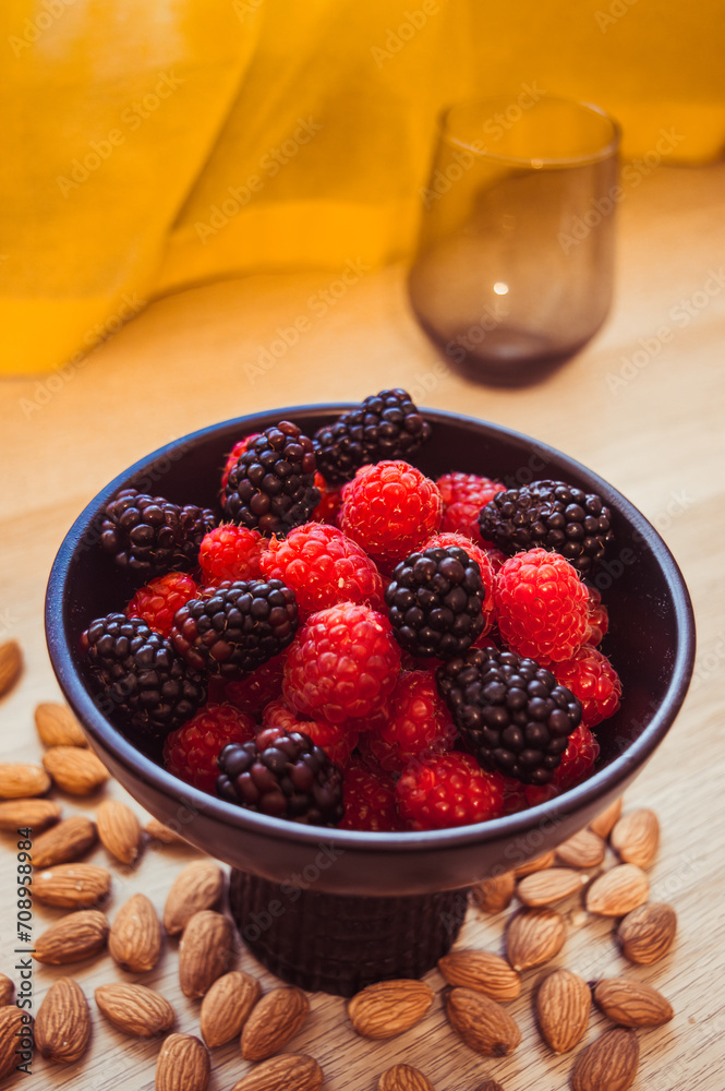 Wholesome Berry Bliss: Nutrient-Rich Bowl of Raspberries and Blackberries, Perfect for Breakfast and Snacking