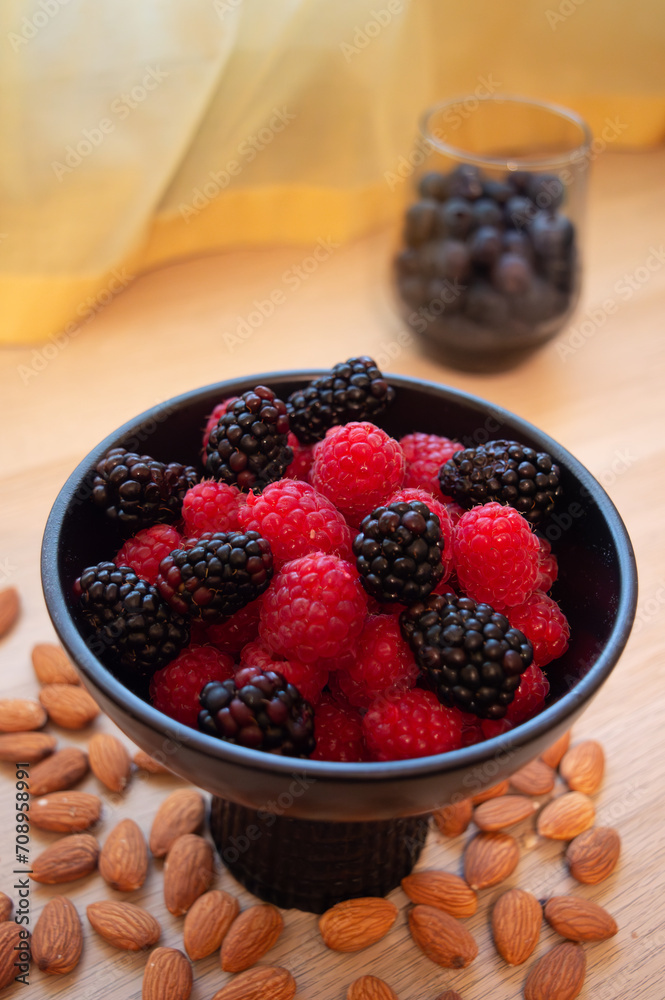 Wholesome Berry Bliss: Nutrient-Rich Bowl of Raspberries and Blackberries, Perfect for Breakfast and Snacking Wholesome Berry Bliss: Nutrient-Rich Bowl of Raspberries and Blackberries, Perfect for Breakfast and Snacking