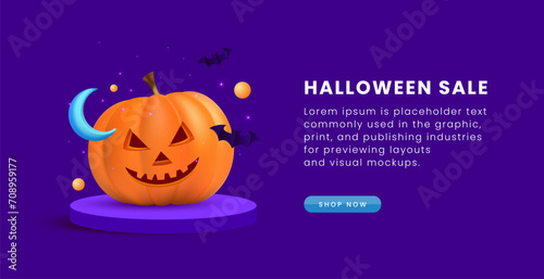 Clean 3D Halloween ornament with pumpkin and purple color website banner