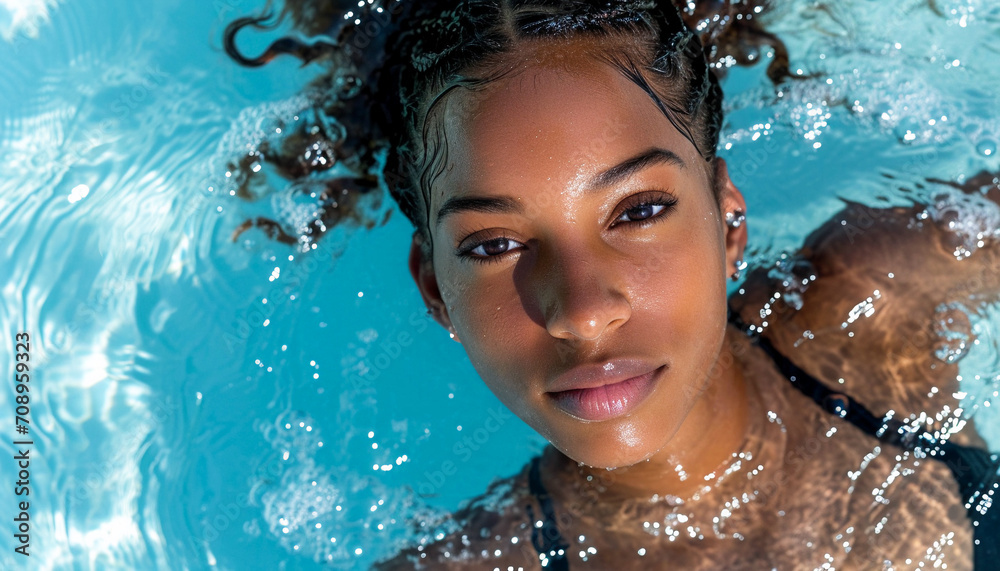 beautiful black woman enjoys the summer in the pool, top view