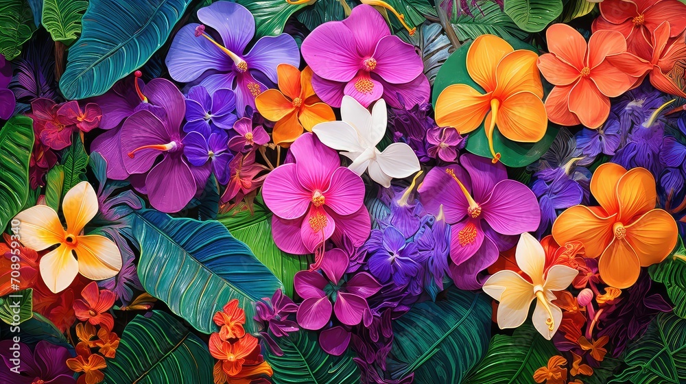 vibrant tropical flower background illustration colorful paradise, botanical orchid, plumeria frangipani vibrant tropical flower background - obrazy, fototapety, plakaty 