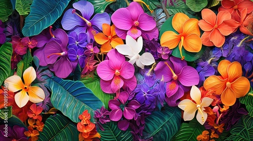 vibrant tropical flower background illustration colorful paradise, botanical orchid, plumeria frangipani vibrant tropical flower background photo