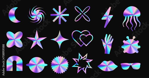 Set of holographic sticker in y2k style. Hand, star, moon, octopus, lips, lightning, heart, ladybug, glasses. Vector illustration