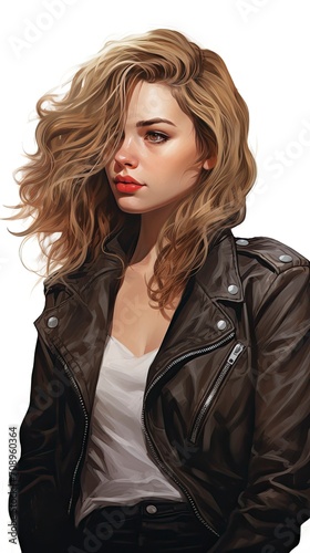 cute girl  white background   medium hair  looking at another point  wearing leather jacket - generative ai