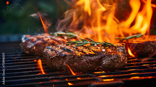 beef ribeye steak grilling on flaming grill created with,high contrast,ethereal,intricate,incredible,colored,