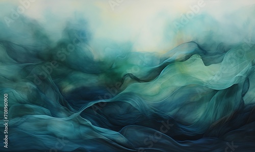 Weaving art, fiber art, gauze, layered fiber, gauze, delicate abstraction, clouds and trees, surreal, Asian painting, deep emerald and aquamarine, atmospheric clouds. Generative Ai

 photo