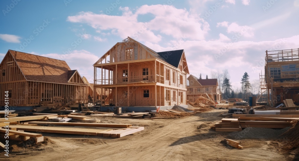 New house is being built. Wooden frame with trusses, posts and beams. - obrazy, fototapety, plakaty 