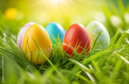 Multi-colored Easter eggs lie on a sunny meadow in green grass.