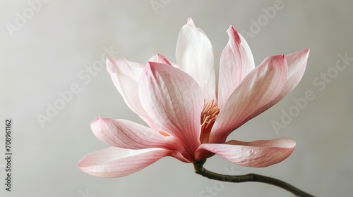  a close up of a pink flower on a twig with a white wall in the background and a light gray wall in the backround of the photo.