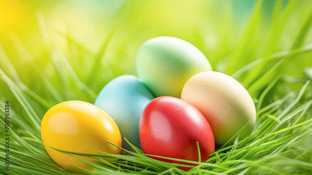 Multi-colored Easter eggs lie on a sunny meadow in green grass. Multi-colored Easter eggs lie on a sunny meadow in green grass.