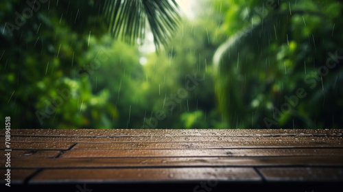Raindrops on a wooden deck with a backdrop of lush tropical foliage during a serene rainfall.