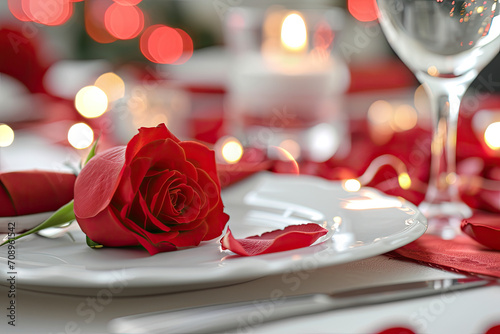 Valentine's day romantic restaurant dinner setting with red rose