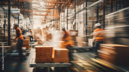 A busy warehouse scene captured with motion blur, showcasing the dynamic environment of logistics and supply. photo