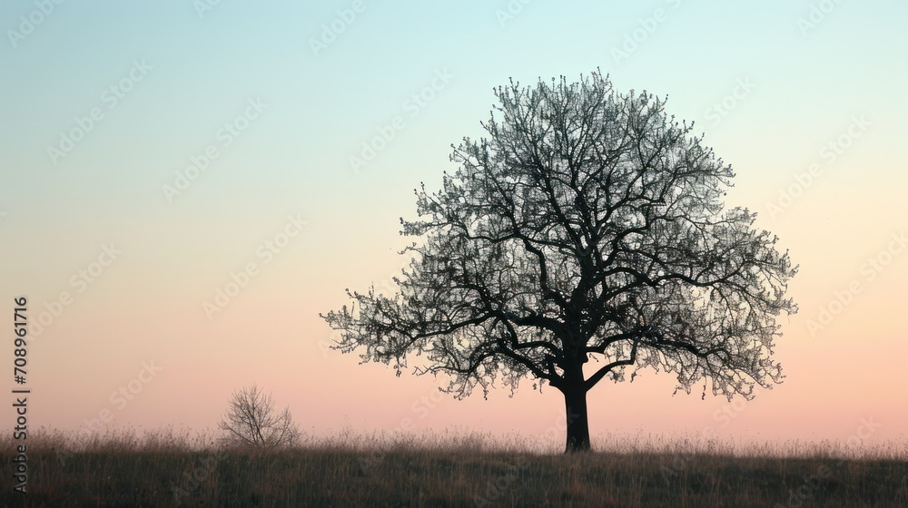  a lone tree in the middle of a field with a pink and blue sky in the backgrounnd of the picture is a grassy field with tall grass and a few trees in the foreground.