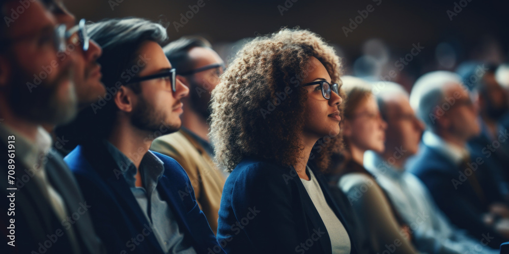 A diverse audience listens attentively at a seminar, showcasing engagement and interest in a professional setting. - obrazy, fototapety, plakaty 