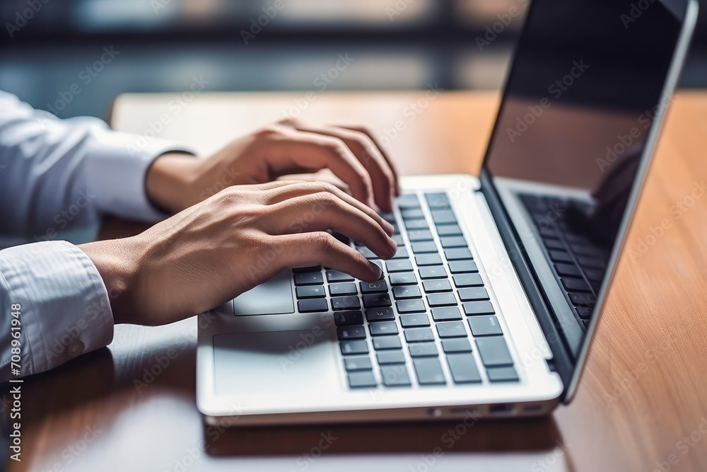 A hand poised over a laptop, business concept. Selected focus.