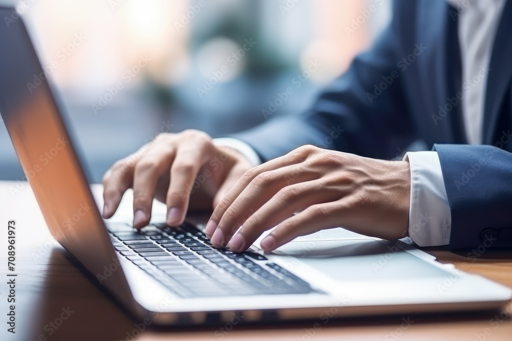 A hand poised over a laptop, business concept. Selected focus. A hand poised over a laptop, business concept. Selected focus.