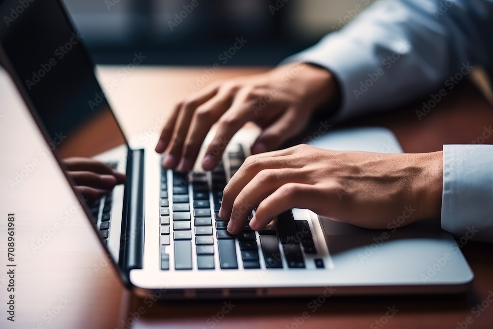 A hand poised over a laptop, business concept. Selected focus. A hand poised over a laptop, business concept. Selected focus.