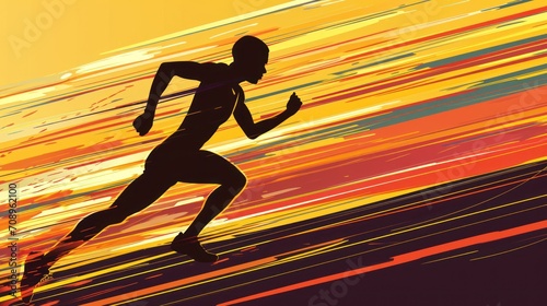  a silhouette of a man running on a track with an orange and yellow background and a red and yellow stripe across the top of the image and bottom half of the image.