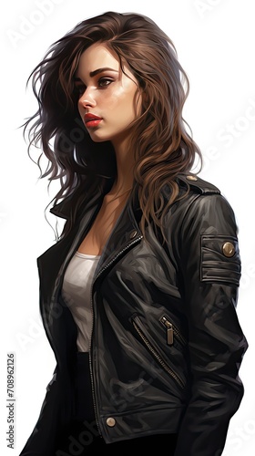 cute girl, white background , medium hair, looking at another point, wearing leather jacket - generative ai