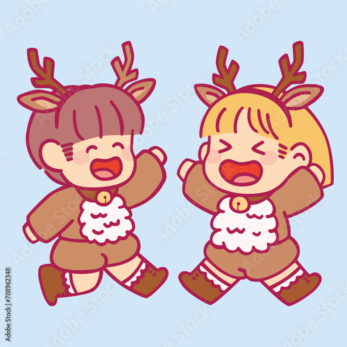 Fototapeta Naklejka Na Ścianę i Meble -  Cute kids wearing Christmas costume winter season vector design art. Children holiday celebration clothes