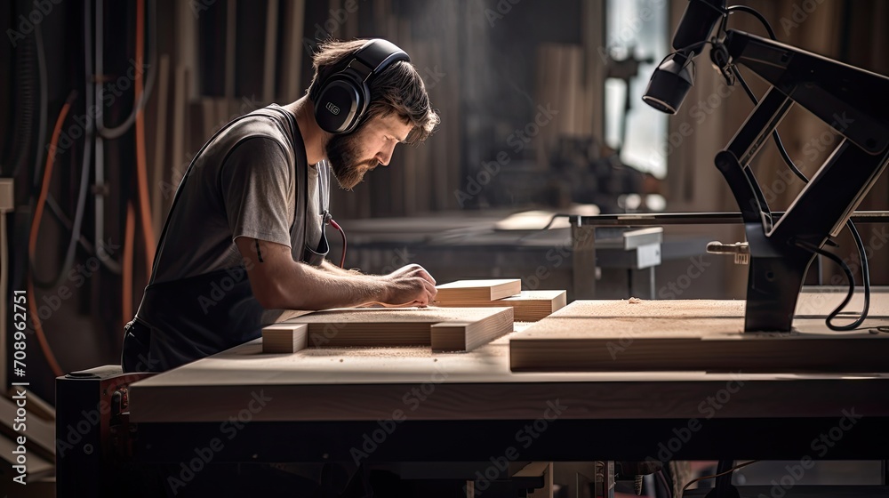 Obraz premium Skilled carpenter craftsman is working in his workshop, carpenter craftsman concept