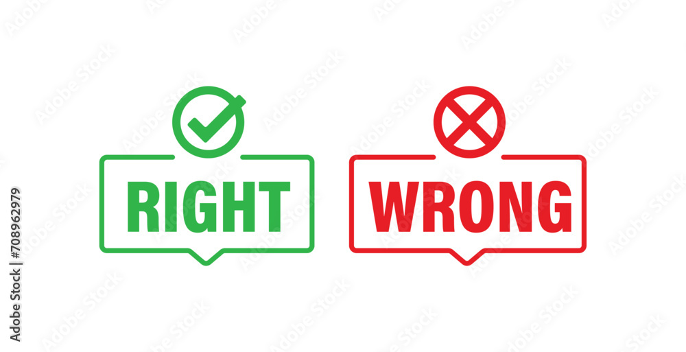 check mark icon button set. check box icon with right and wrong buttons and yes or no checkmark icons in green tick box and red cross. - obrazy, fototapety, plakaty 