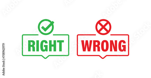 check mark icon button set. check box icon with right and wrong buttons and yes or no checkmark icons in green tick box and red cross. photo