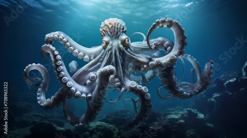 Octopus Swimming in Ocean, Creature Gliding Gracefully in the Deep Blue Waters © Iarte
