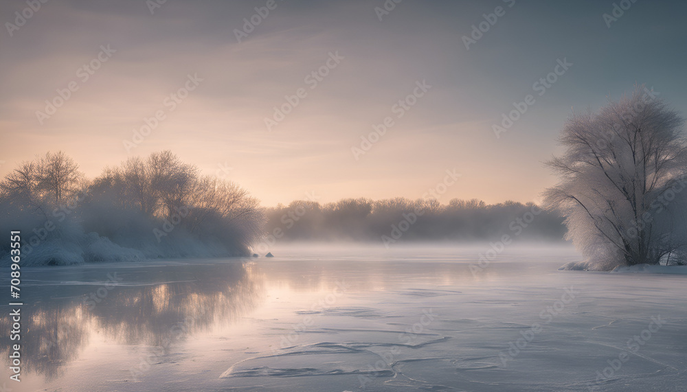 frozen lake with forest and sun frozen lake with forest and sun