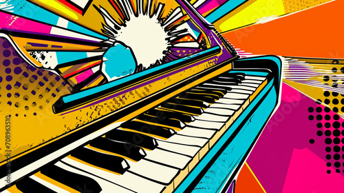 Wow pop art piano. Vector colorful background in pop art retro comic style. Music instrument photo