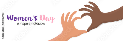 Inspireinclusion. A horizontal banner. Female hands with dark and light skin in the shape of a heart. With an inscription on a white background. 2024 International Women's Day. Vector illustration