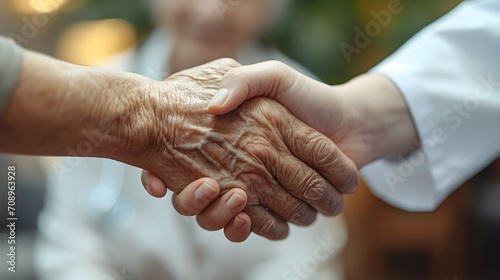 Hands of an elderly patient and a nurse. Parkinson's disease care, Alzheimer's care, elderly care and geriatric nursing care and support. photo