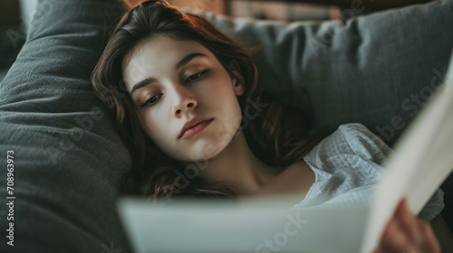 Young woman reading letter. 