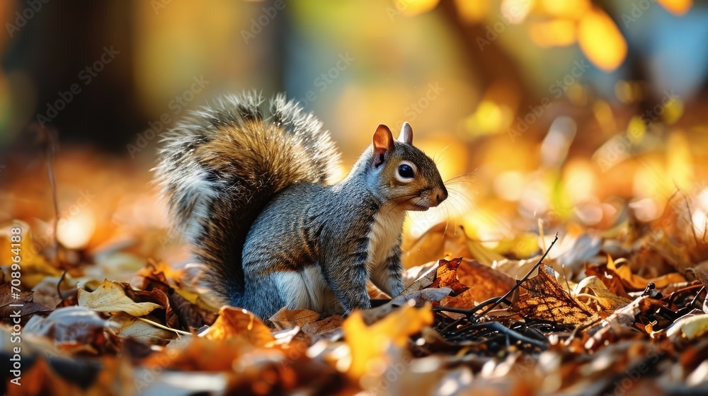 a squirrel standing on top of a pile of leaves next to a forest filled with lots of yellow and brown leaves on top of a forest floor of dry grass. a squirrel standing on top of a pile of leaves next to a forest filled with lots of yellow and brown leaves on top of a forest floor of dry grass.