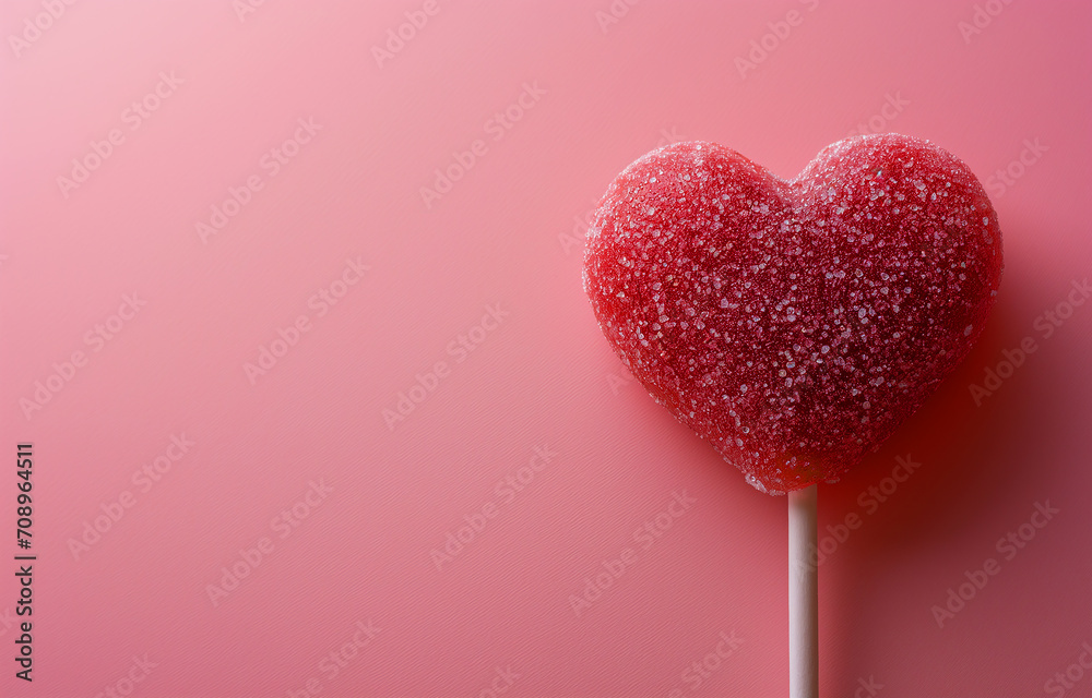 Red lollipop on a stick in the shape of a heart on a pink background. Holiday, Valentine's day, love. Photorealistic, background with bokeh effect. 