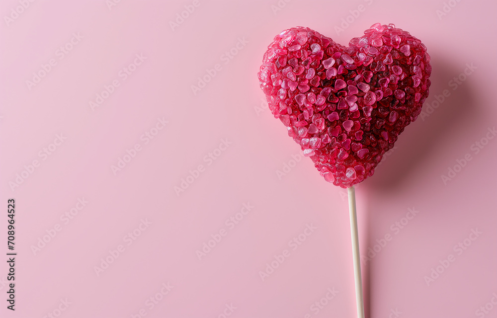 Red lollipop on a stick in the shape of a heart on a pink background. Holiday, Valentine's day, love. Photorealistic, background with bokeh effect. 