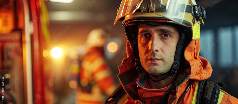 Firefighter gearing up in fire station, ready for action. Firefighter gearing up in fire station, ready for action.