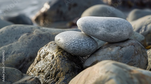  a stack of rocks sitting on top of each other on top of a rock covered beach next to a body of water with waves in the backgrouds.