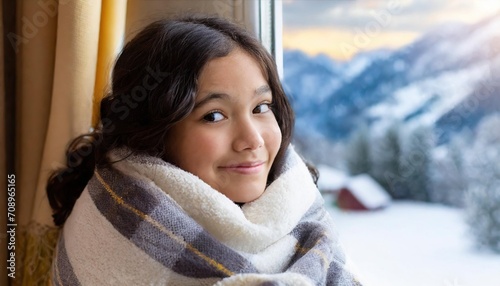  girl wrapped in a warm blanket sit by the window on a cold winter morning