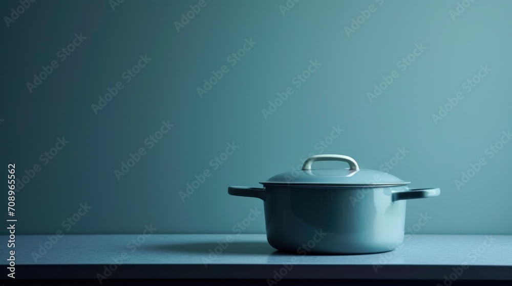 a white pot sitting on top of a counter next to a blue wall with a handle on the top of the pot and a black lid on the bottom of the pot. a white pot sitting on top of a counter next to a blue wall with a handle on the top of the pot and a black lid on the bottom of the pot.